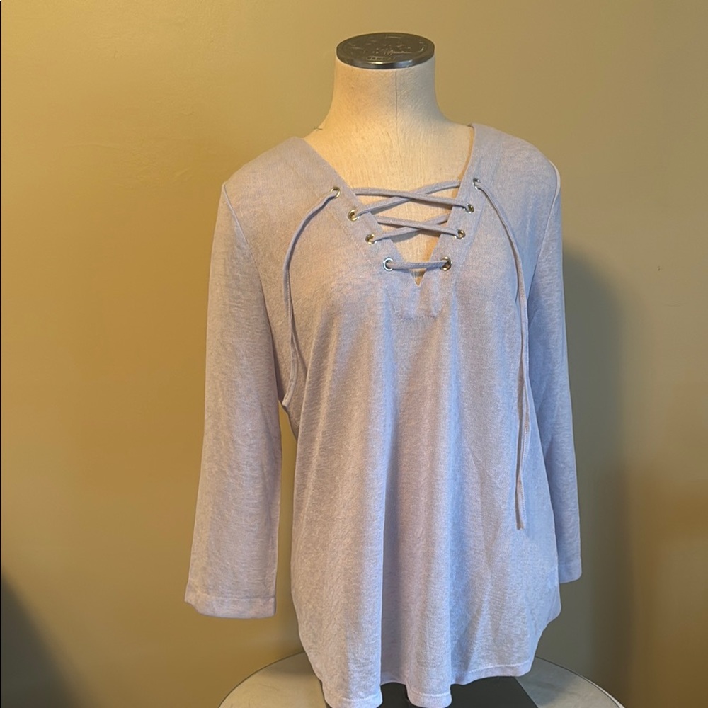 NWT Size Large Crosby Purple 3/4 Sleeve Tie Front Light Weight Sweater